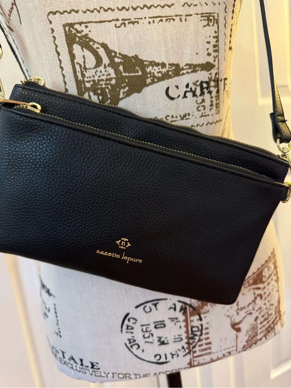 Nanette Lepore Black Pebbled Crossbody Bag Gold Hardware